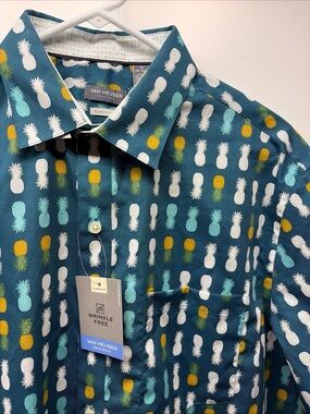 Van Heusen Originals Men's Classic Fit Short Sleeve Pineapple Shirt Teal Blue M